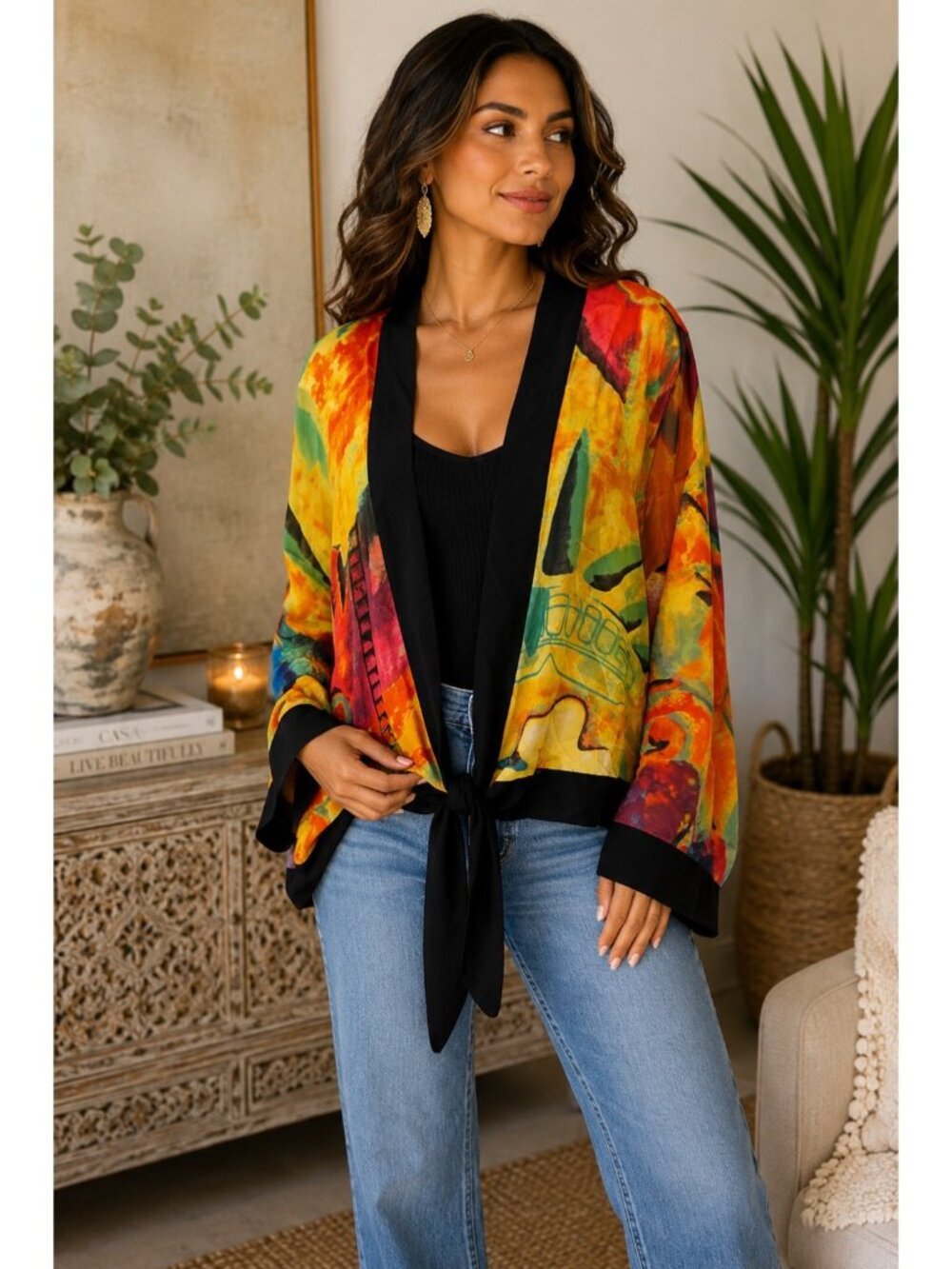 Chico’s Silk Abstract Watercolor Open Front Tie Jacket Size 1 Colorful Artwear